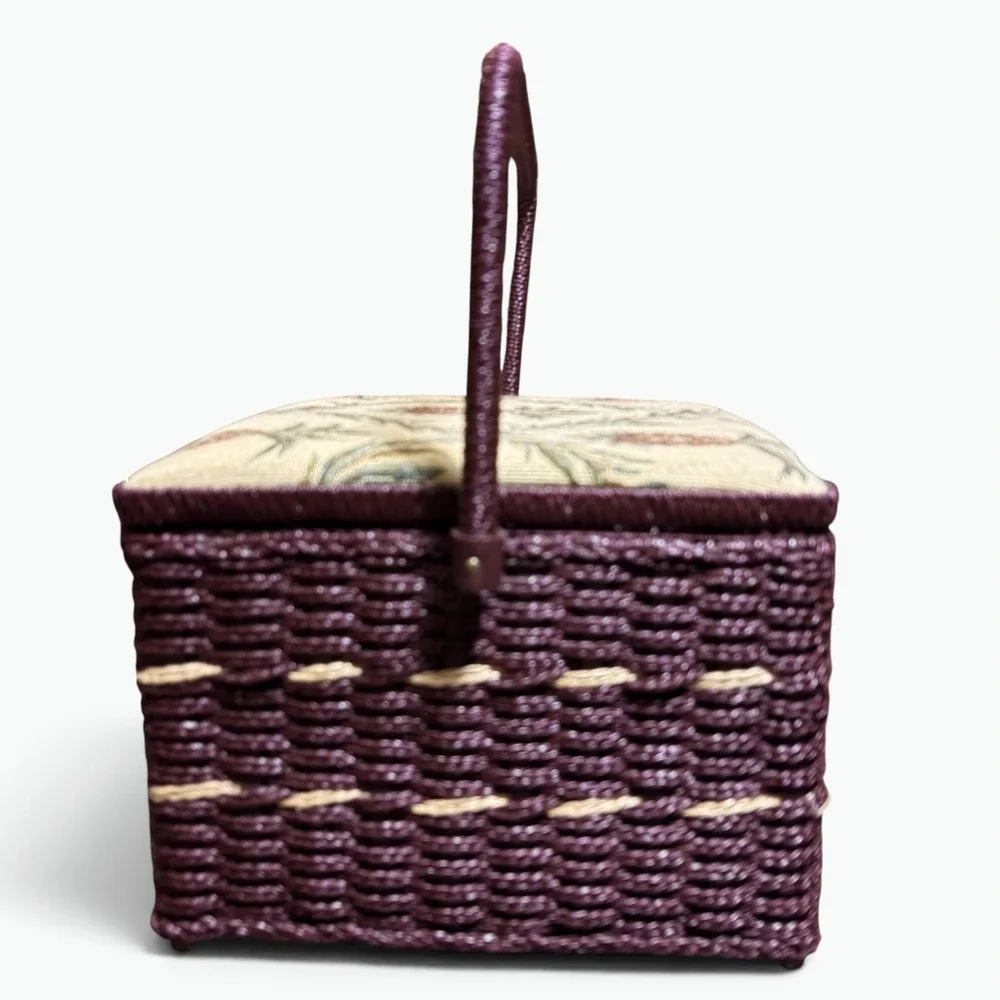 Vintage Plum Wicker Sewing Basket Pineapple Tapestry Lid Cottagecore Organizer